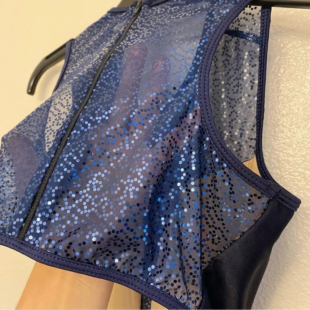Double platinum dance Costume leotard blue sequin dress N7799P -adult M